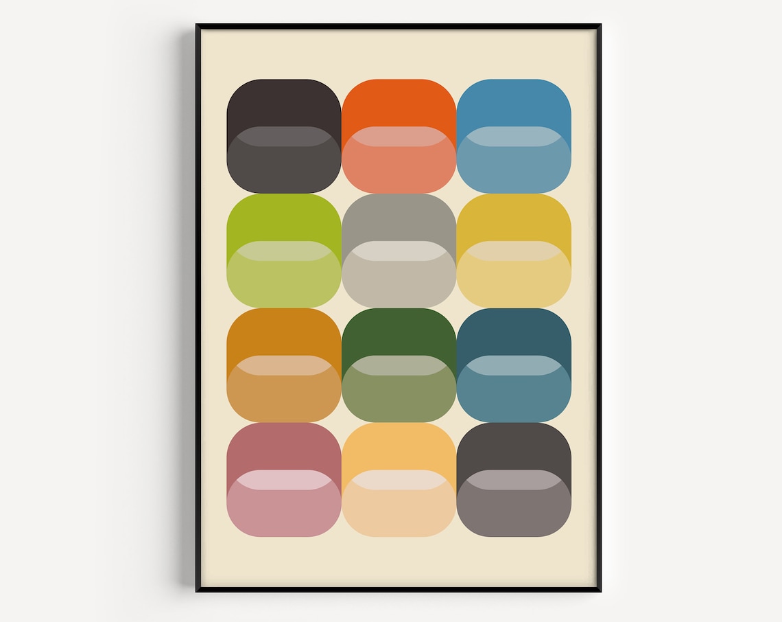 Mid Century Colorful Rounded Square Grid Retro Abstract Art Poster