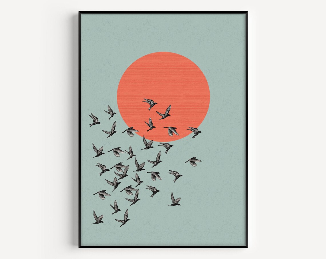 Bird Print Blue Minimalist Flock Art Print