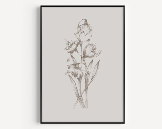 Grey Botanical Flower Sketch Minimalist Sepia Floral Wall Poster