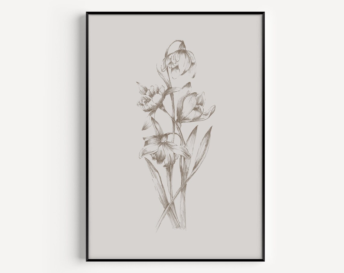 Wall Art Print Grey Botanical Flower Minimalist