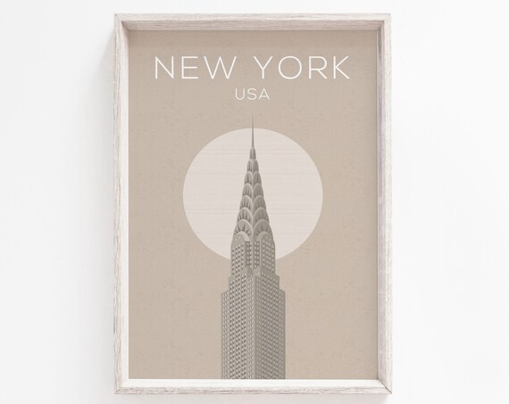 New York USA Chrysler Building Beige Minimalist Travel Poster