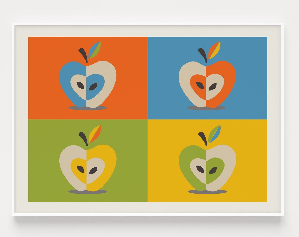 Pop Art Apple Halves Four Colorful Kitchen Mid Century Poster