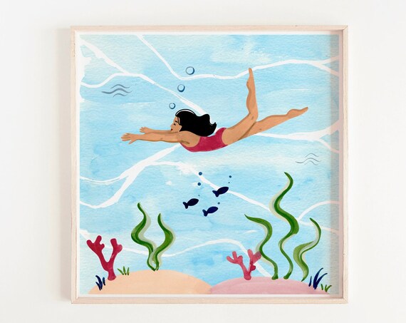 Woman Swimming Underwater Ocean Coral Watercolor Art Square Print