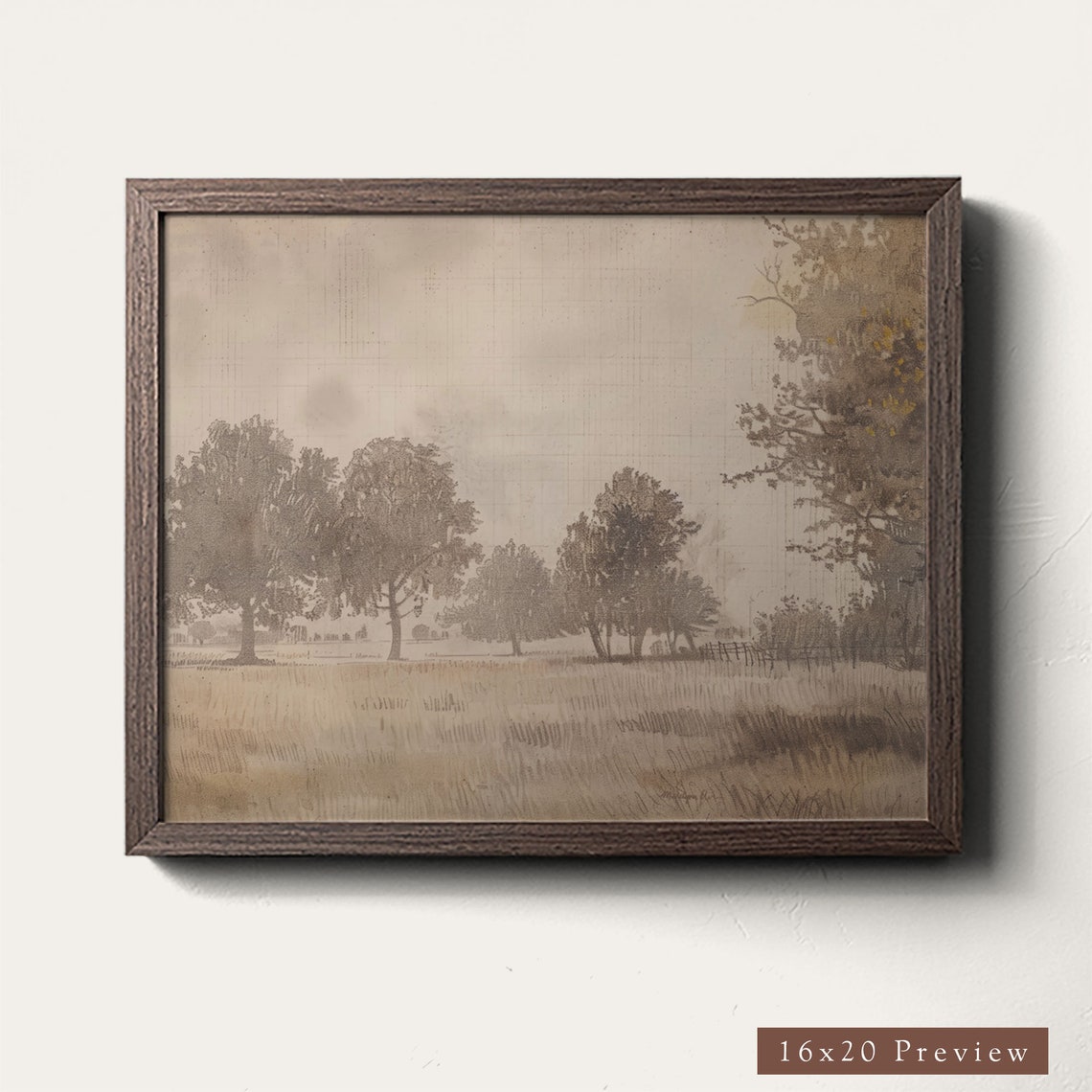 Autumn Fields Tree Row Sepia Sketch Drawing Vintage Art Poster - Image 4