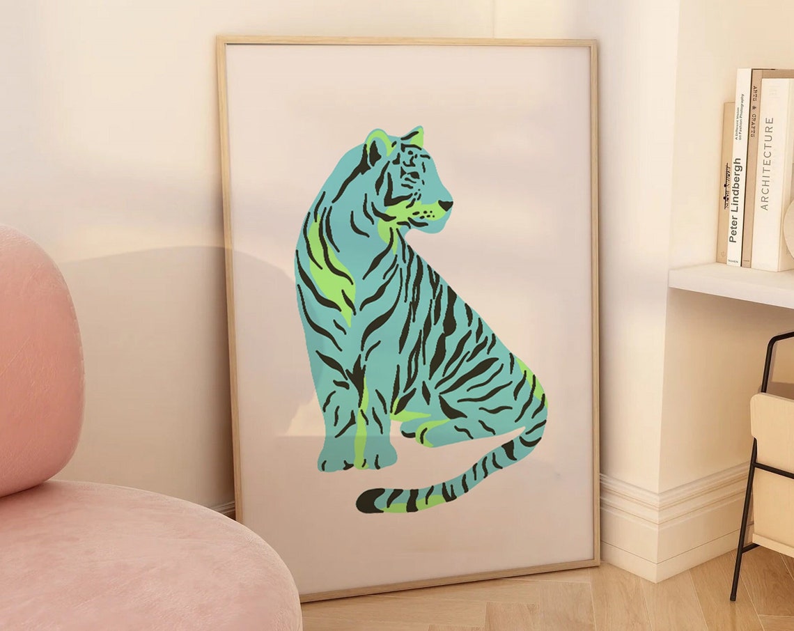Blue Green Tiger Poster Print Cheetah Wall Art Trendy Wall Art Preppy Room Decor Maximalist Decor Boho Wall Art Boho Decor - Image 4