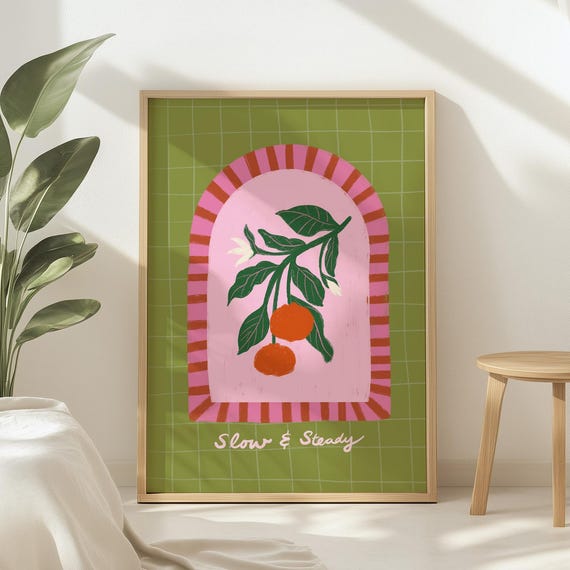 Modern Botanical Wall Art Orange Fruit Decor Abstract Tangerine Illustration Maximalist Print Green Pink Poster Colorful Flowers