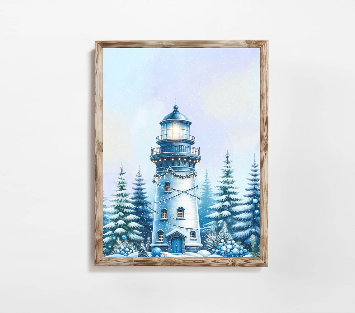 Winter Lighthouse String Lights Snowy Evergreen Nautical Christmas Poster - Image 3