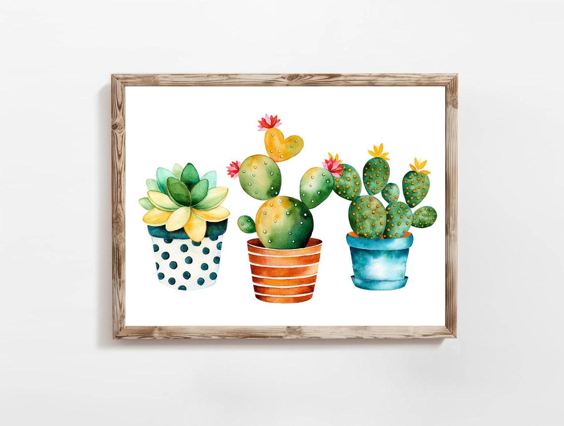 Three Potted Cacti Watercolor Patterned Pots Succulent Plant Poster - Image 9