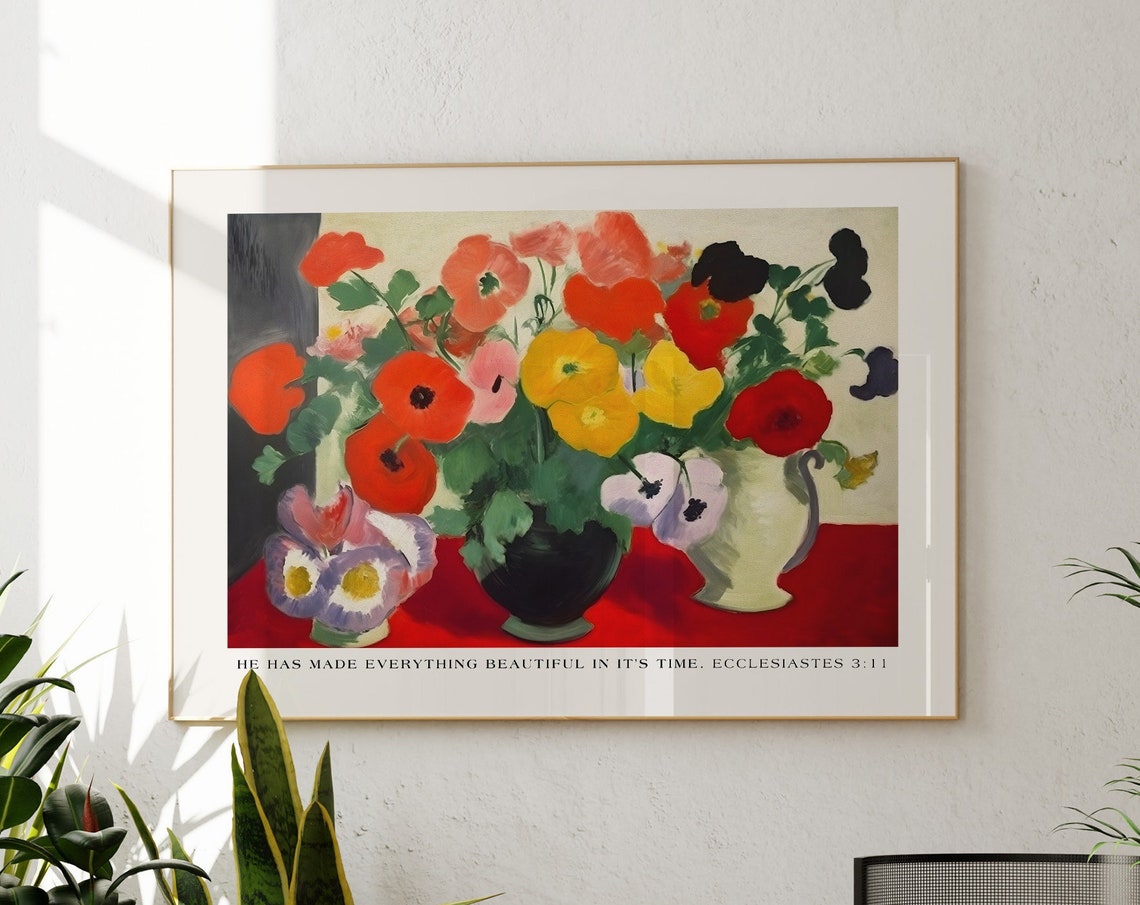 Ecclesiastes 3 Maximalist Wall Art Landscape Mural Watercolor Poppies Flower Print Bible Verse Scripture Print Christian Wall Art Gift