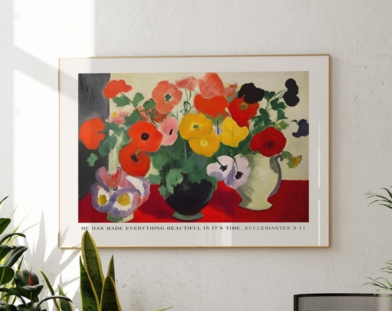 Ecclesiastes 3 Maximalist Wall Art Landscape Mural Watercolor Poppies Flower Print Bible Verse Scripture Print Christian Wall Art Gift