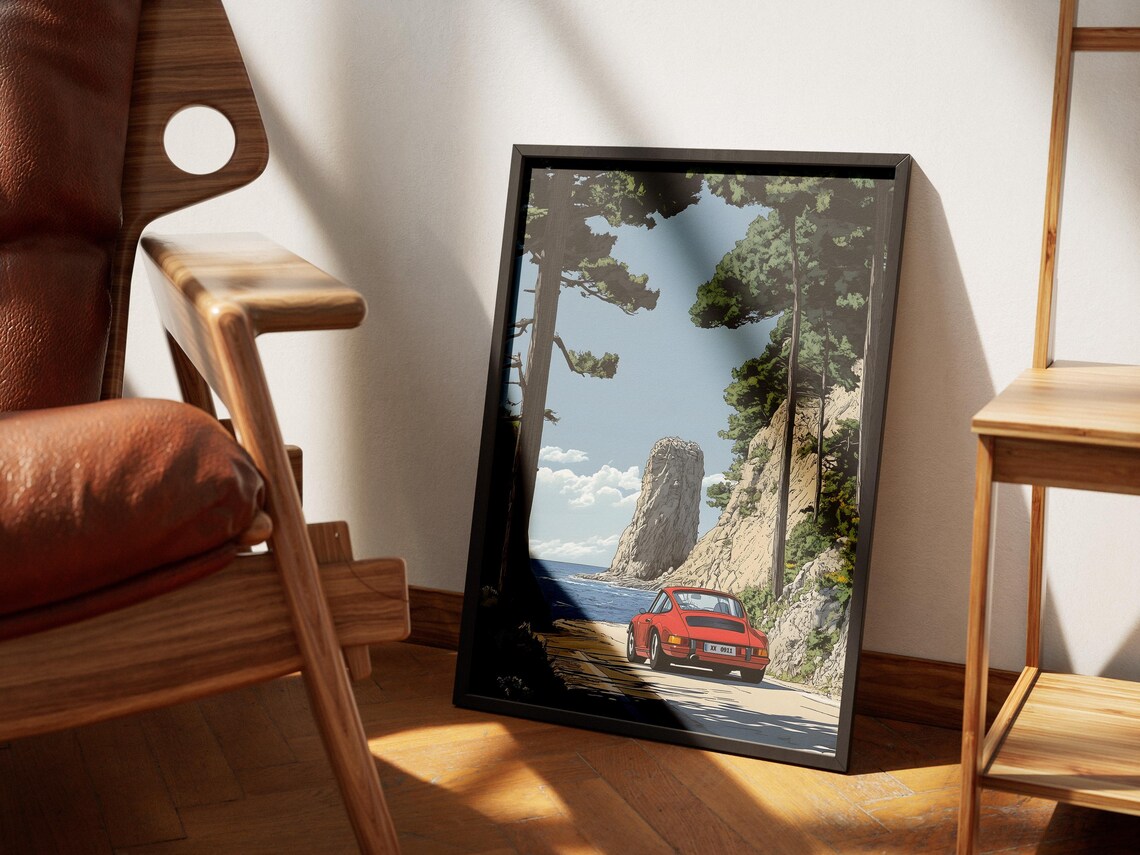 Red Porsche 911 Rocky Seaside Coast Road Drive Adventure Poster - Image 2