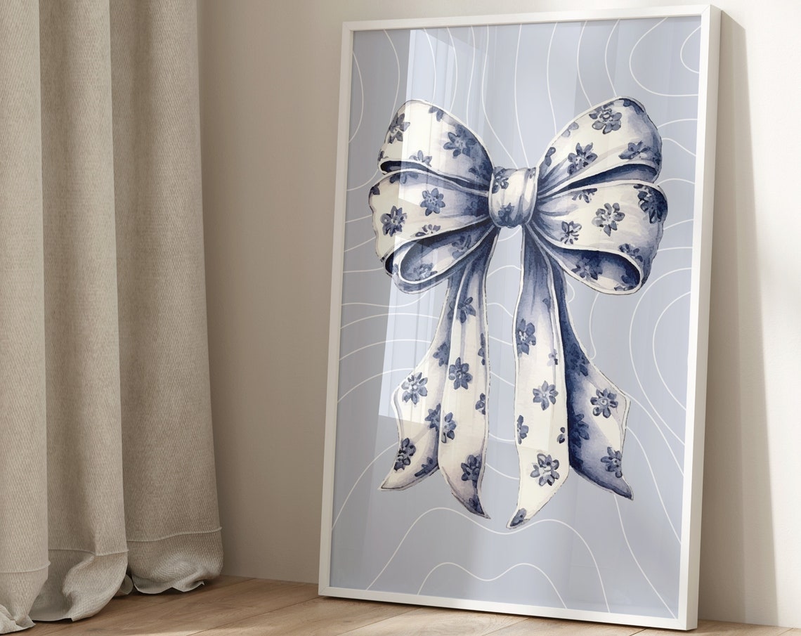 Blue Floral Bow Coquette Watercolor Gray Room Decorative Art Poster - Image 2