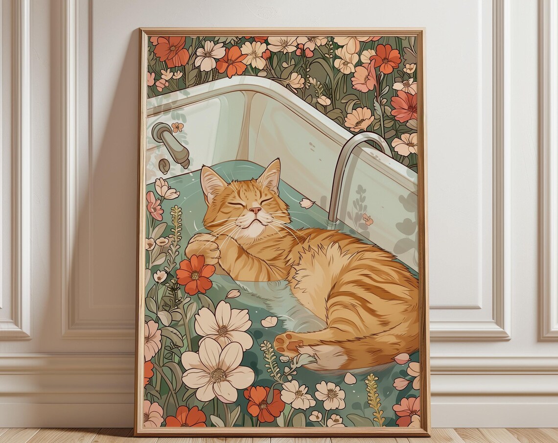 Cute Orange Cat In Tub Bathroom Floral Wall Art