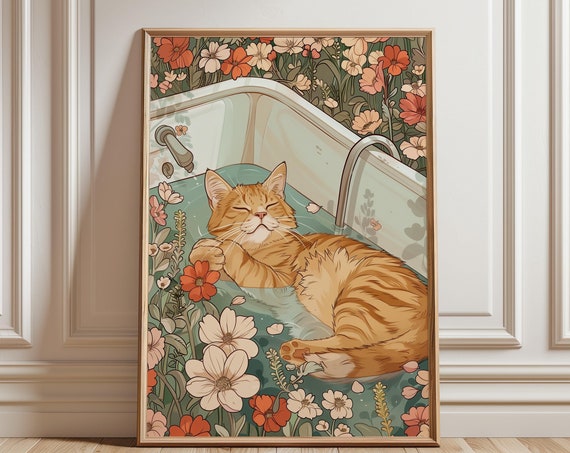 Cute Orange Cat In Tub Bathroom Floral Wall Art
