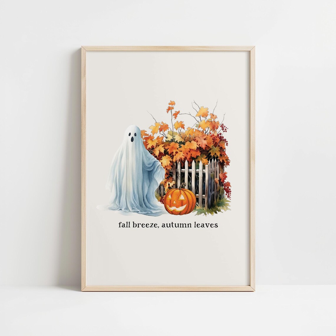 Fall Breeze Autumn Leaves Ghost Pumpkin Watercolor Art Poster - Image 4