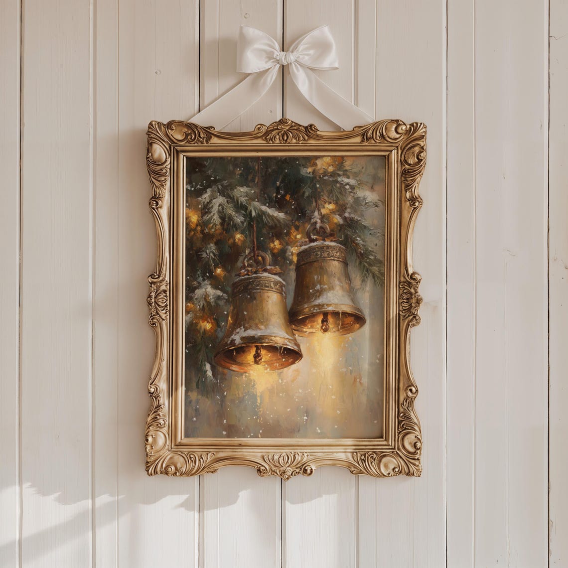 Bronze Christmas Bells on Snowy Pine Branches Moody Winter Poster - Image 6