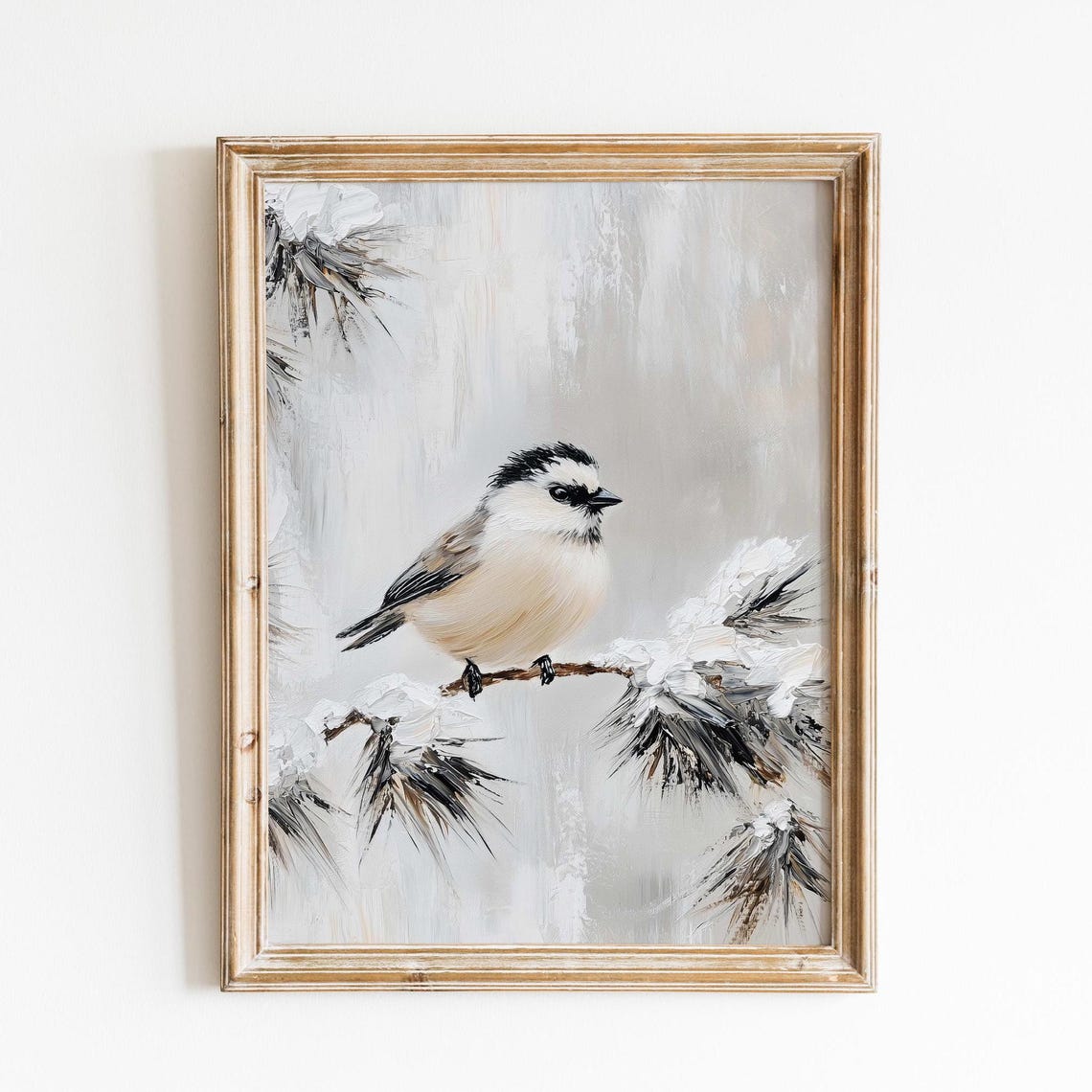 Chickadee on Snowy Branch Winter Bird Oil Painting Style Poster