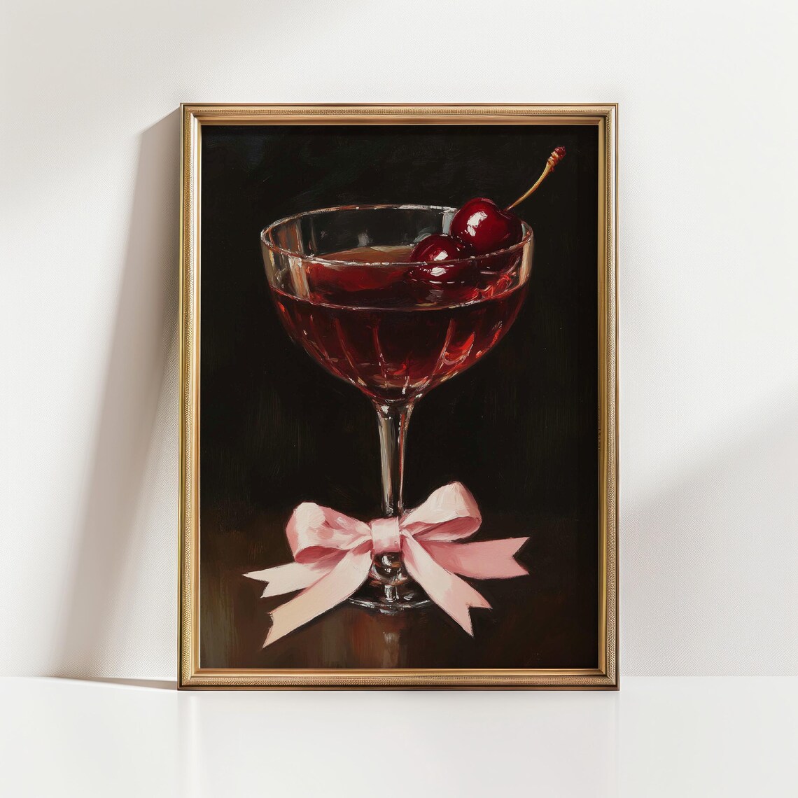 Manhattan Cocktail Cherries Pink Bow Dark Moody Bar Art Poster - Image 6