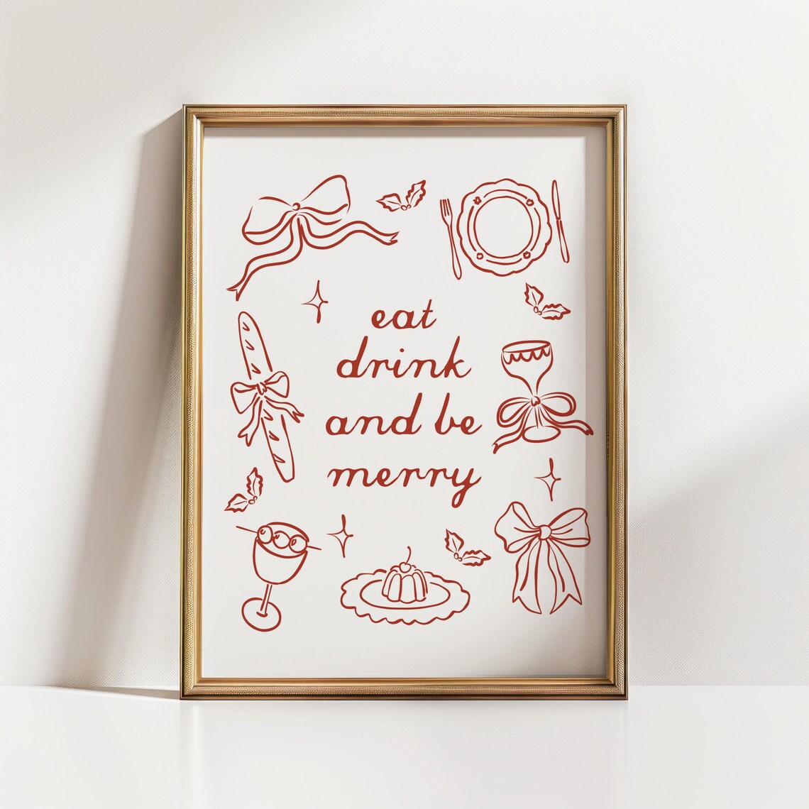 Eat Drink and Be Merry Red Line Art Holiday Doodle Party Wall Art - Image 6