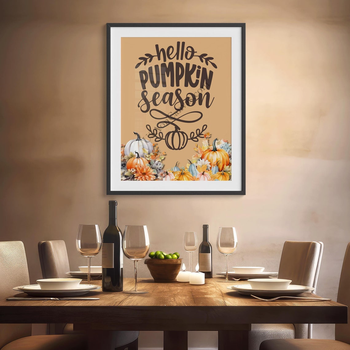 Hello Pumpkin Season Calligraphy with Pumpkins and Flowers Poster