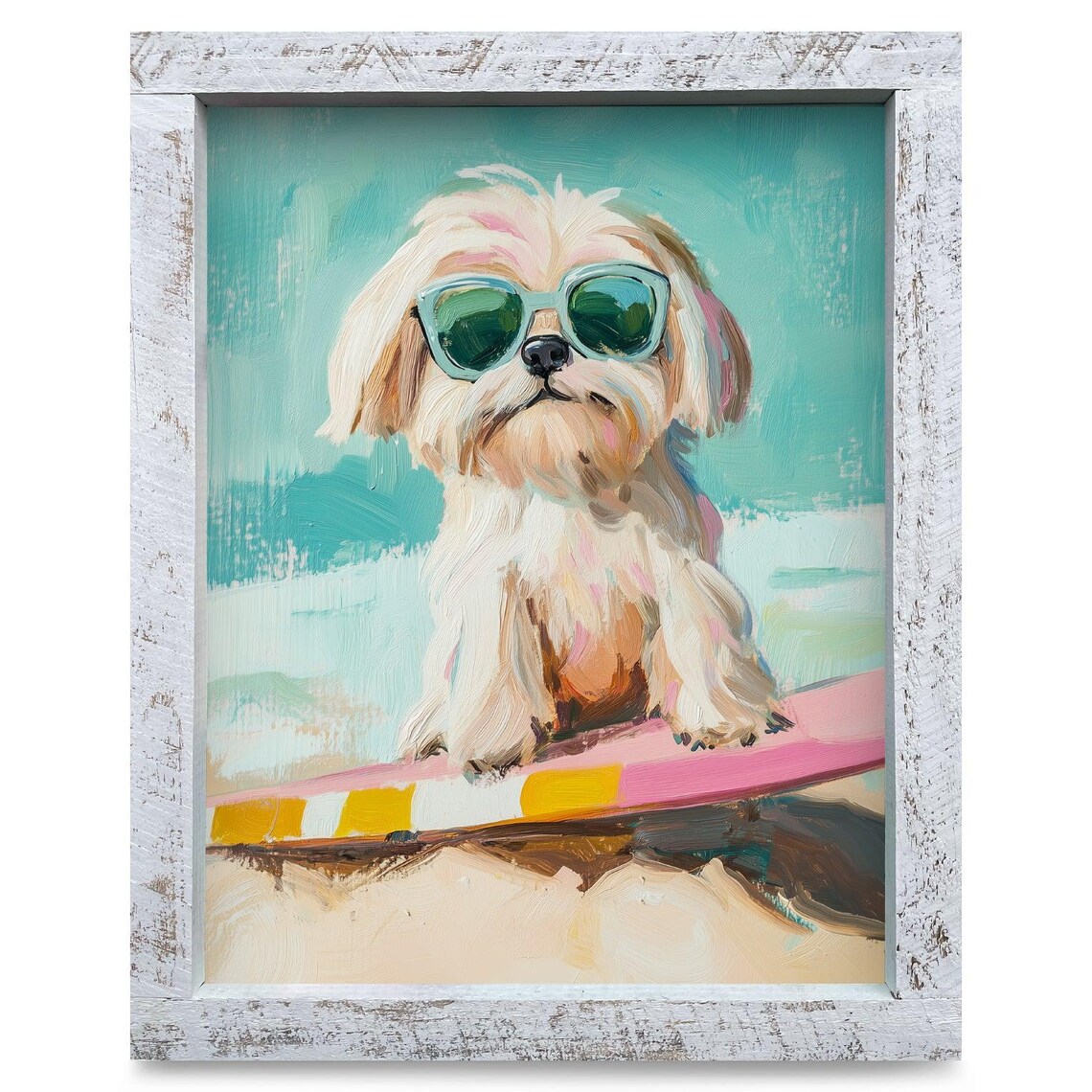 Fluffy Shih Tzu Dog Riding a Surfboard in Summer Waves Poster