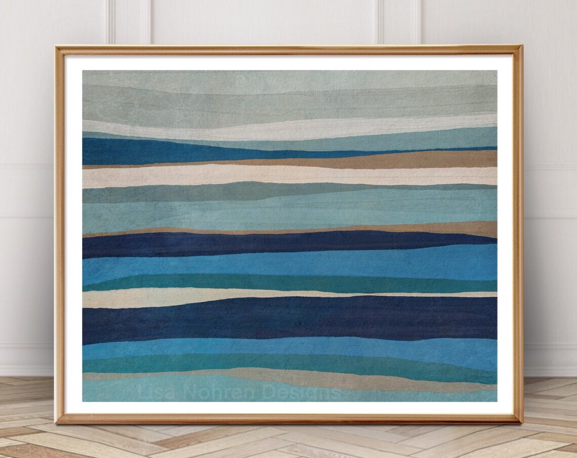 Neutral Abstract Striped Landscape Print Blue Beige Minimalist Decor