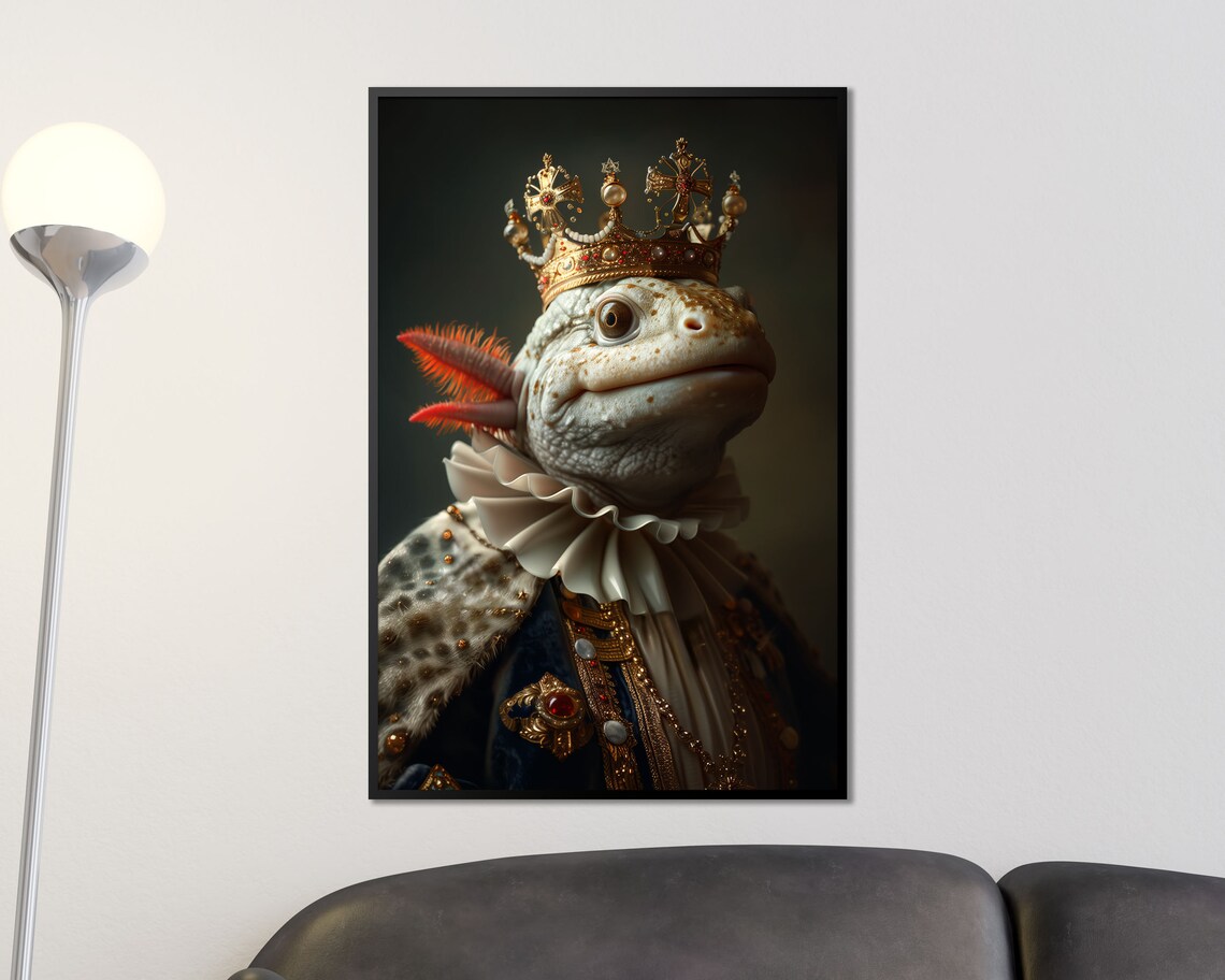 Royal Axolotl In Gold Crown Regal Amphibian Portrait Wall Art Poster - Image 3