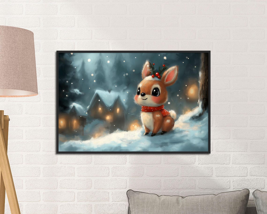 Cute Christmas Fawn In Snowy Village Holiday Winter Deer Poster - Image 2