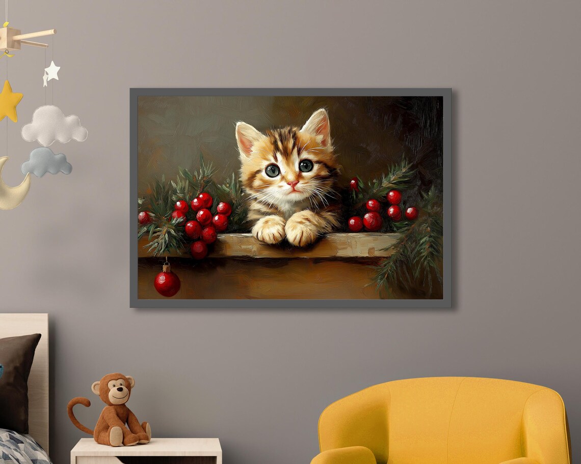 Orange Tabby Kitten With Red Christmas Berries Oil Painting Art Poster - Image 3