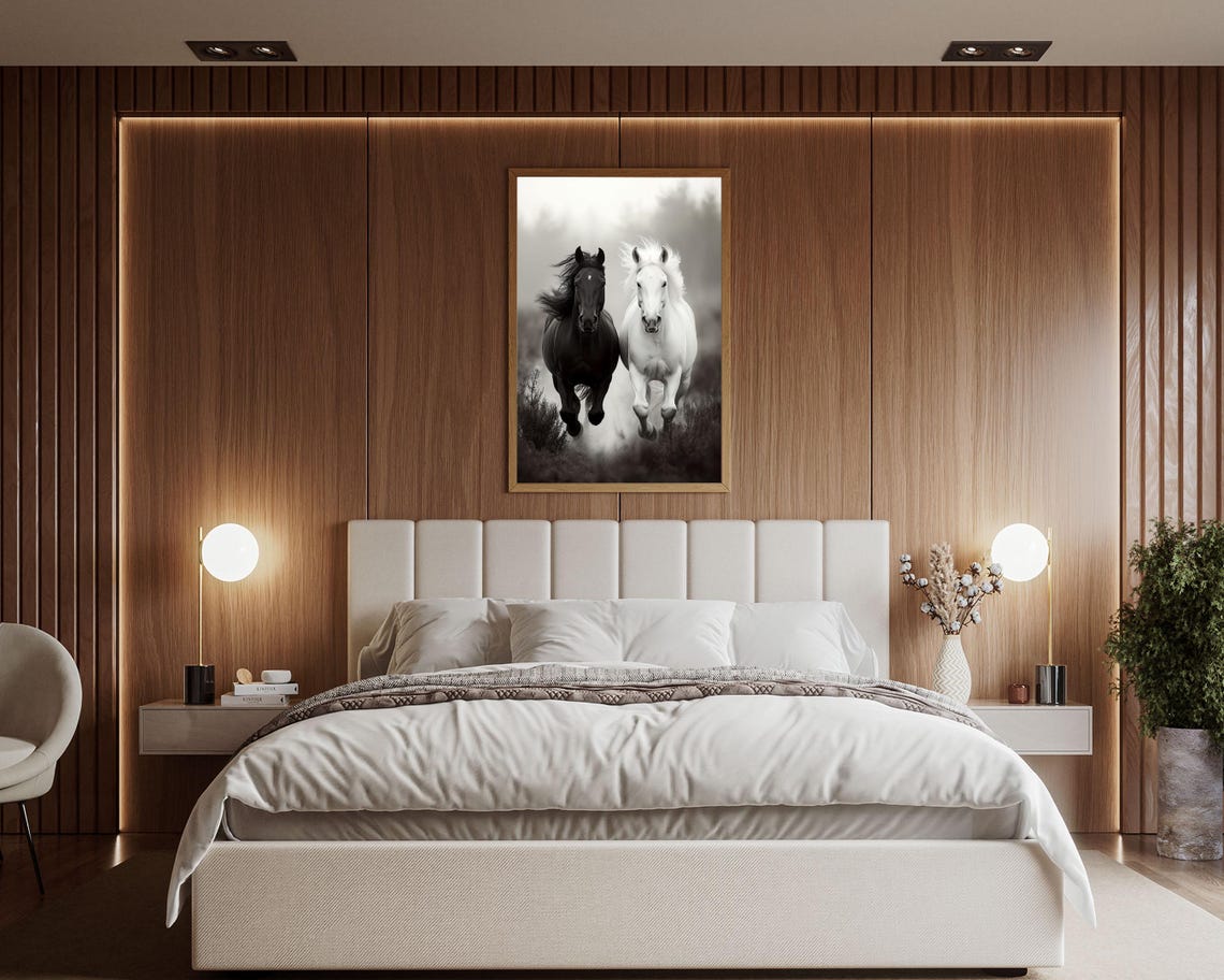 Black and White Horses Galloping Sepia Minimalist Equine Photo Poster - Image 2