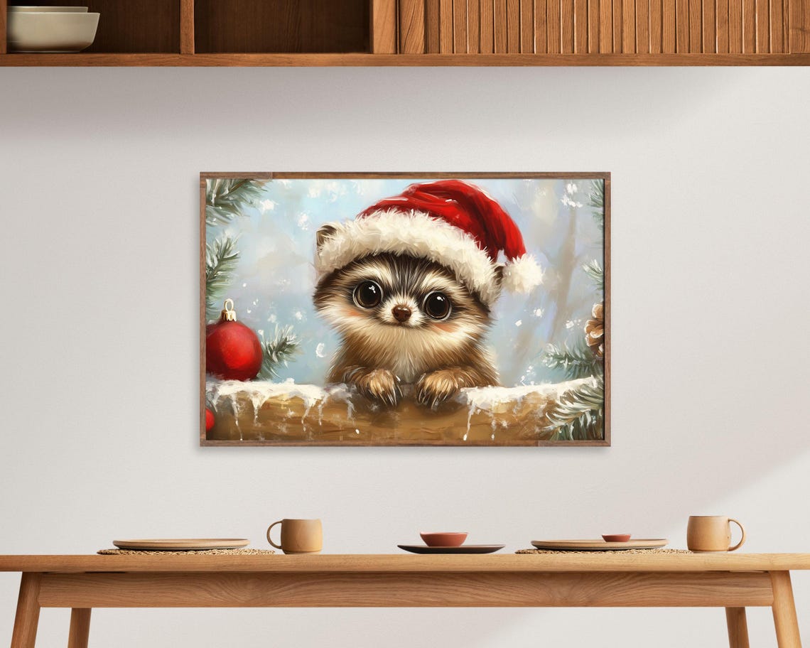 Peeking Raccoon Santa Hat Snowy Pine Branch Christmas Wall Art - Image 4