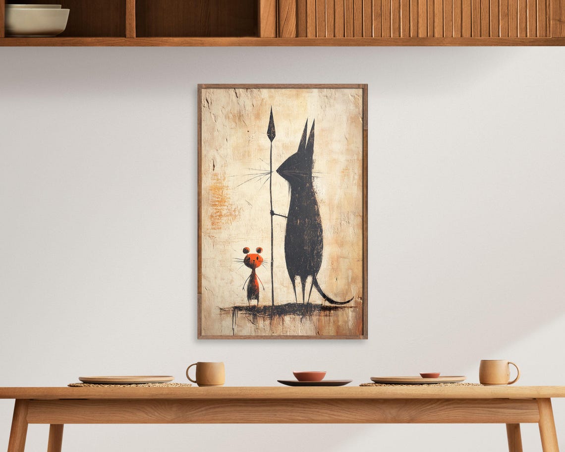 Primitive Cat And Mouse Cave Painting Rustic Minimal Art Poster - Image 4