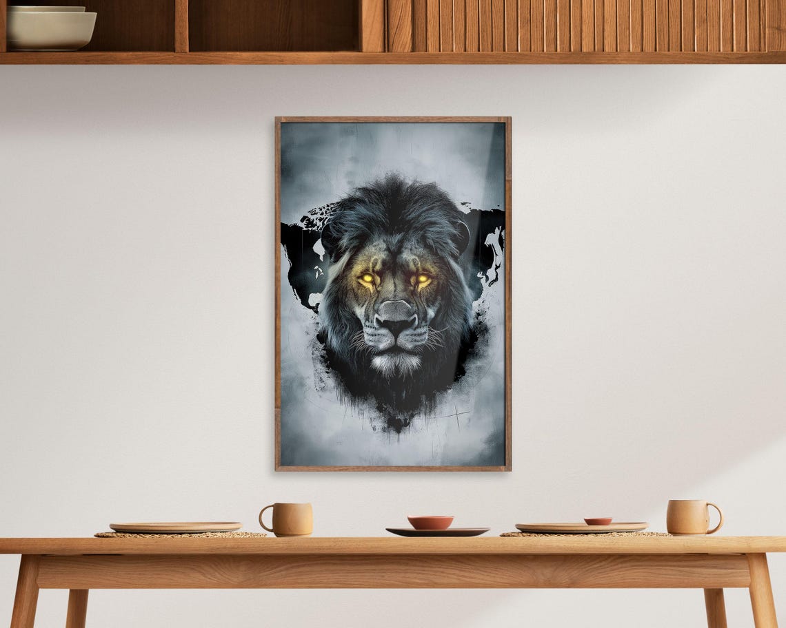 Majestic Lion With Glowing Golden Eyes Dark Dramatic Art Poster - Image 3