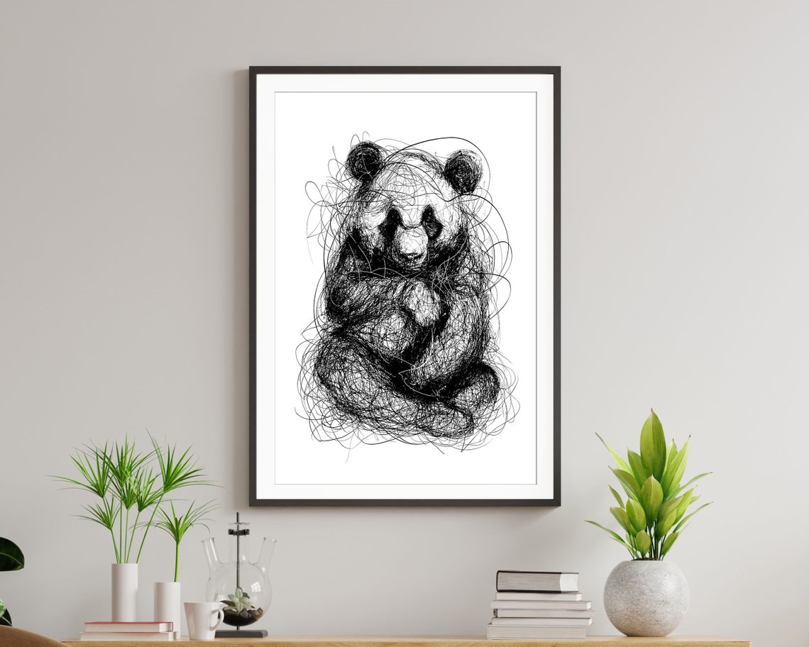 Sitting Giant Panda Scribble Art Black And White Line Drawing Print - Image 2