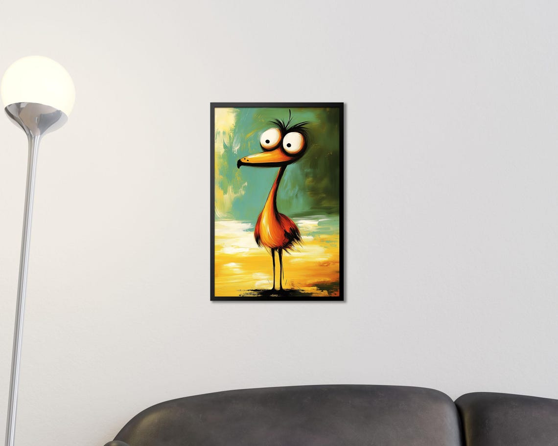 Quirky Funny Flamingo Bird Long Beak Whimsical Teal Painting Poster - Image 2
