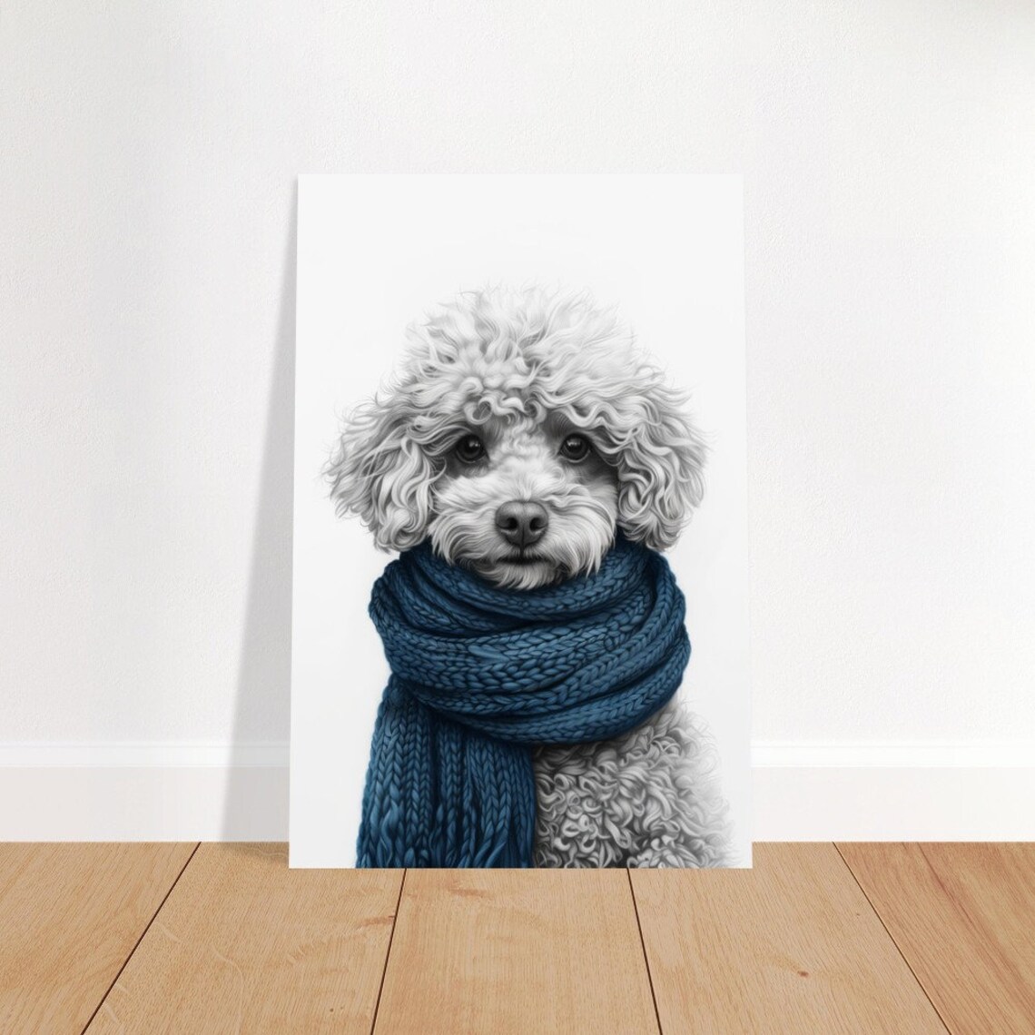 White Poodle Puppy Wearing Navy Blue Knit Scarf Portrait Poster - Image 4