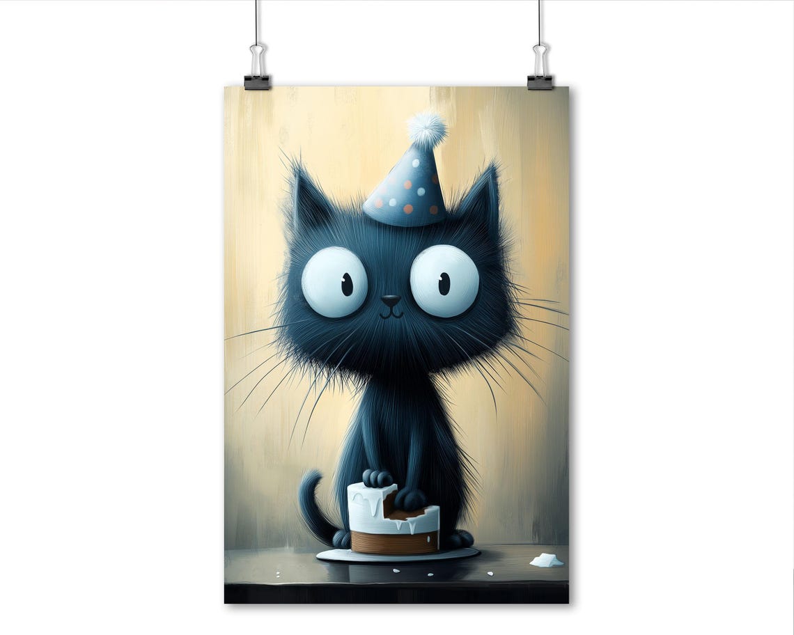 Cute Black Cat with Party Hat Eating Birthday Cake Fun Wall Art - Image 8