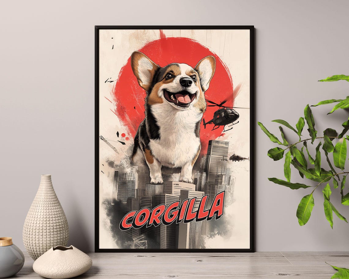 Corgilla Giant Corgi Monster Movie Parody Funny Wall Art Poster - Image 3
