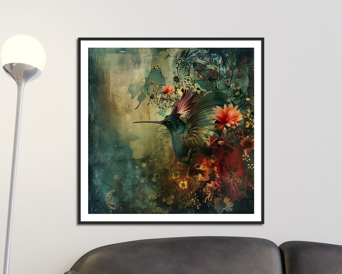 Bohemian Hummingbird Among Flowers Painterly Bird Wall Art Print - Image 5