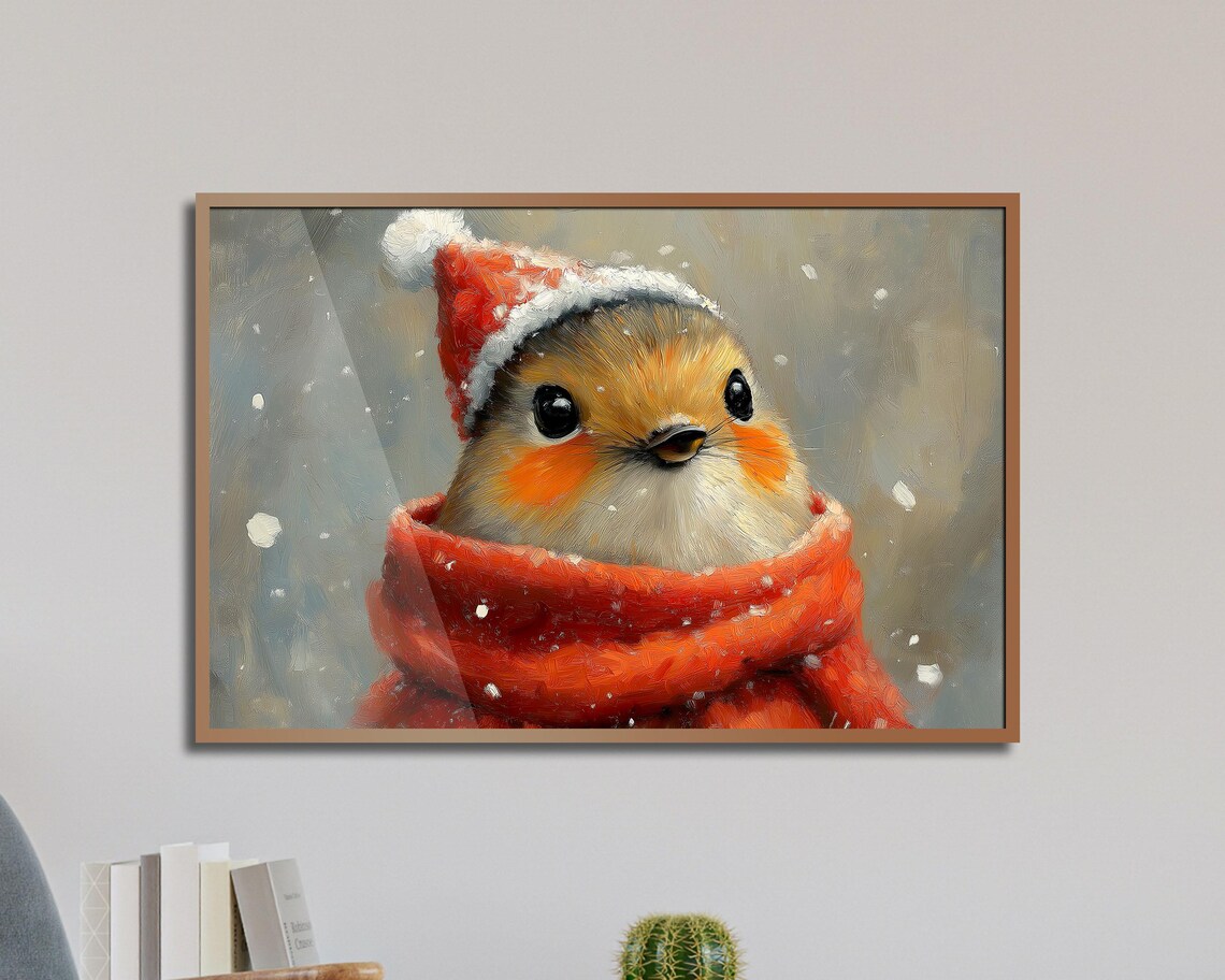 Robin Bird In Red Santa Hat And Scarf Snowy Christmas Art Poster - Image 5