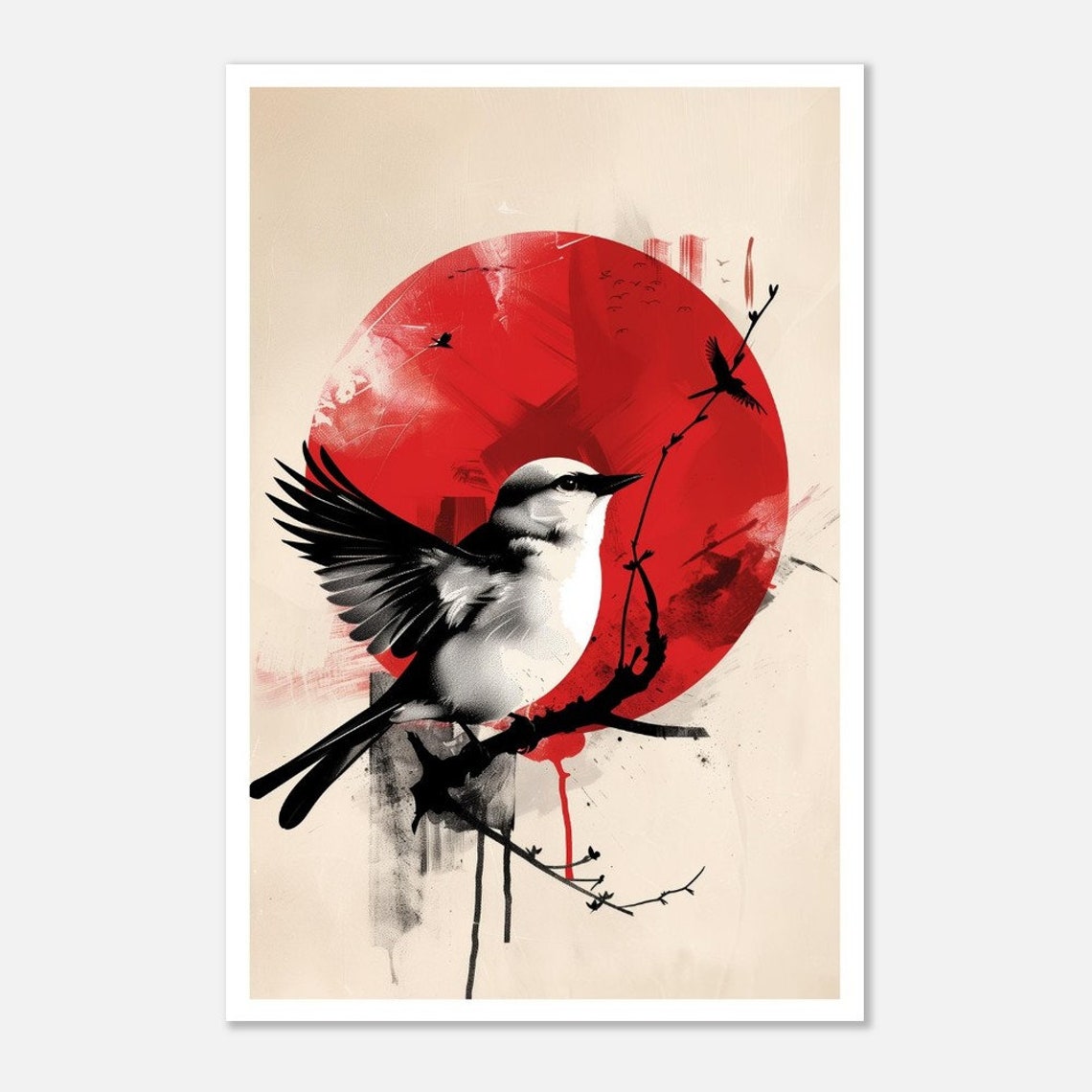 Swallow Red Sun Ink Wash Perched Branch Minimalist Japanese Art Poster - Image 3