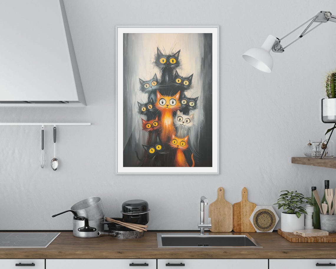 Midnight Mischief Cat Gang Nine Cats Big Eyes Whimsical Feline Poster - Image 4
