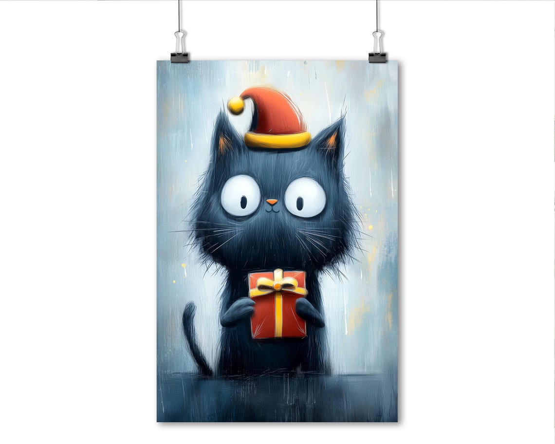 Black Cat With Santa Hat Holding Gift Box Funny Christmas Art Poster - Image 6