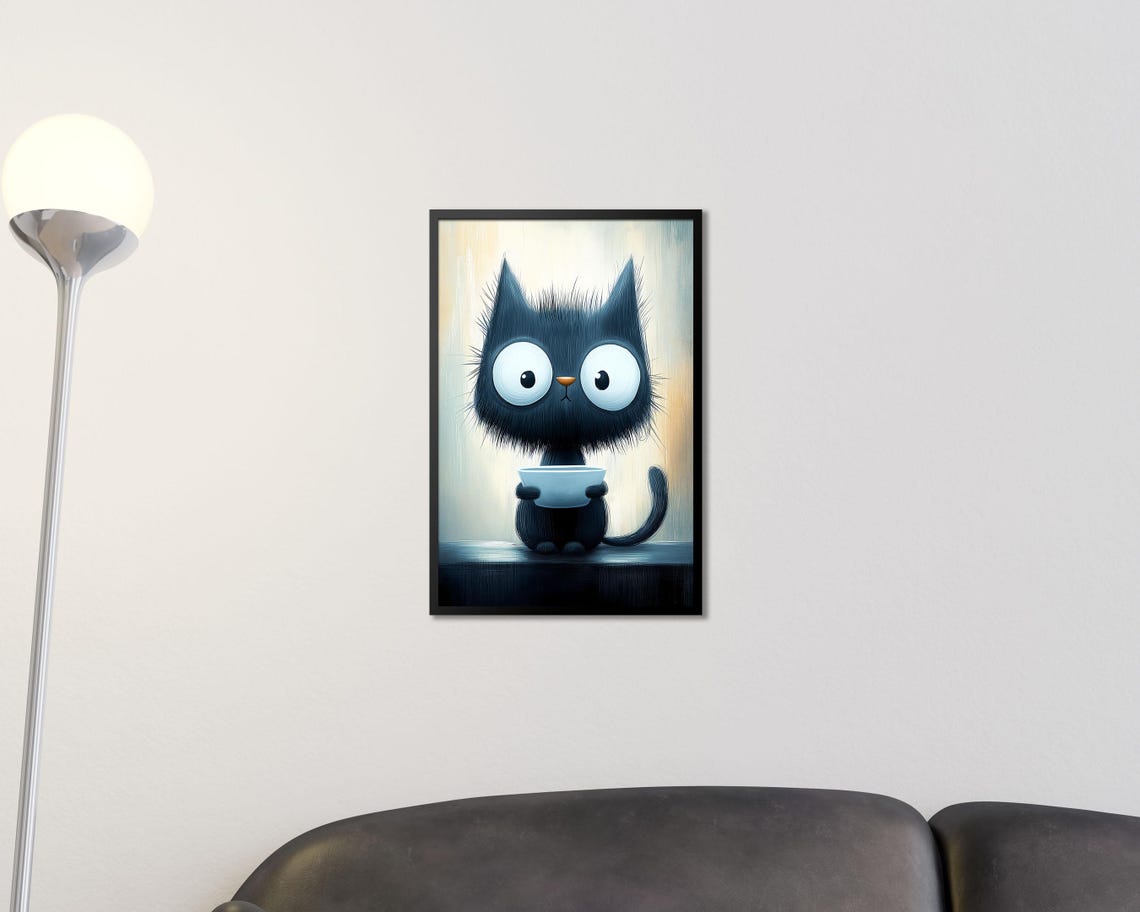 Funny Hungry Black Cat Holding Empty Bowl Begging Kitchen Wall Art - Image 2