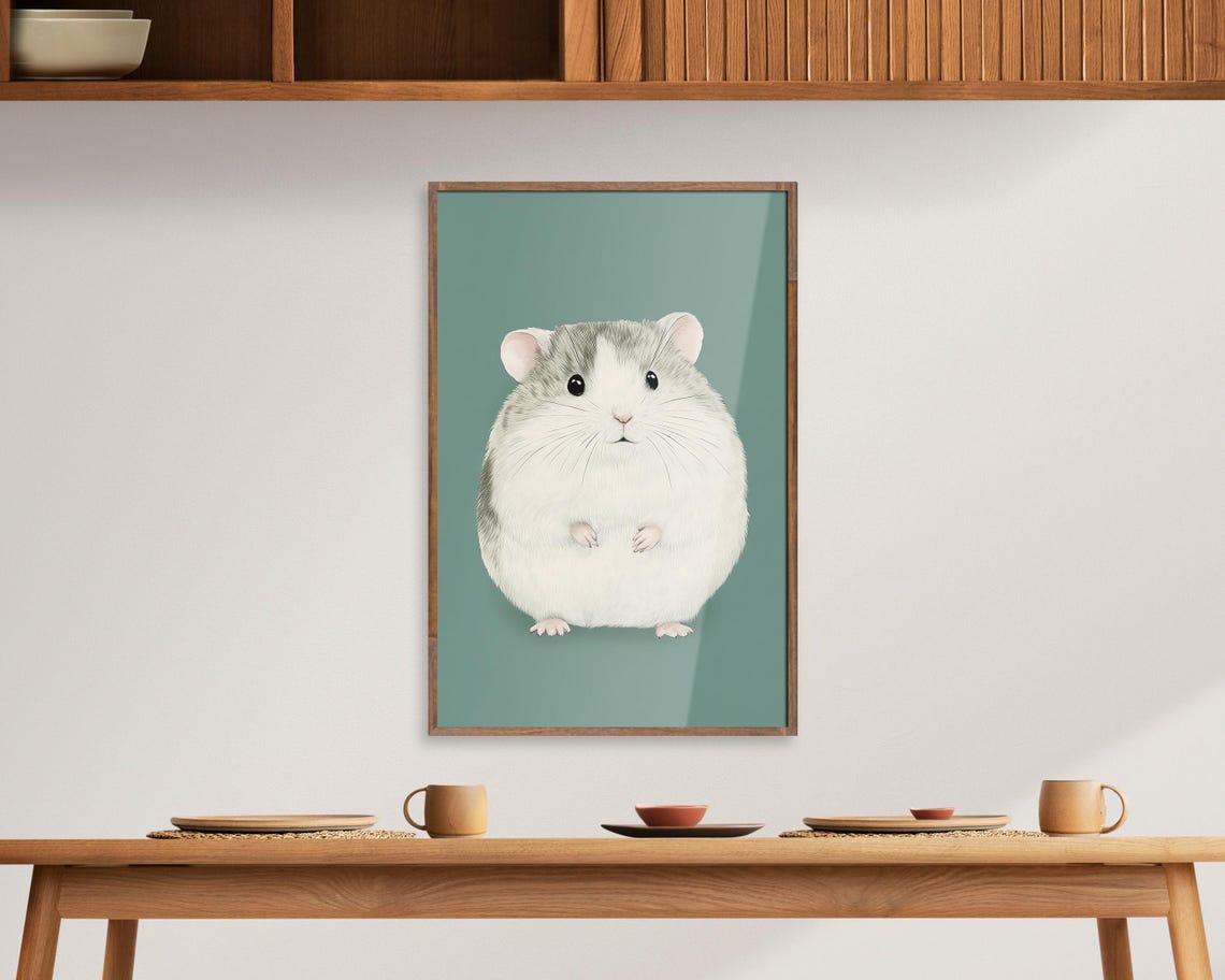 Cute Chubby Grey Hamster Portrait Minimalist Sage Green Wall Art - Image 7