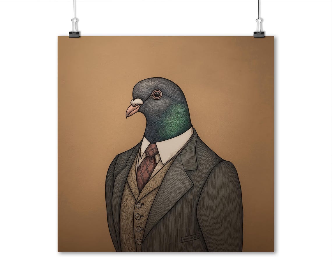 Dapper Pigeon In Vintage Suit Quirky Bird Portrait Art Poster - Image 5
