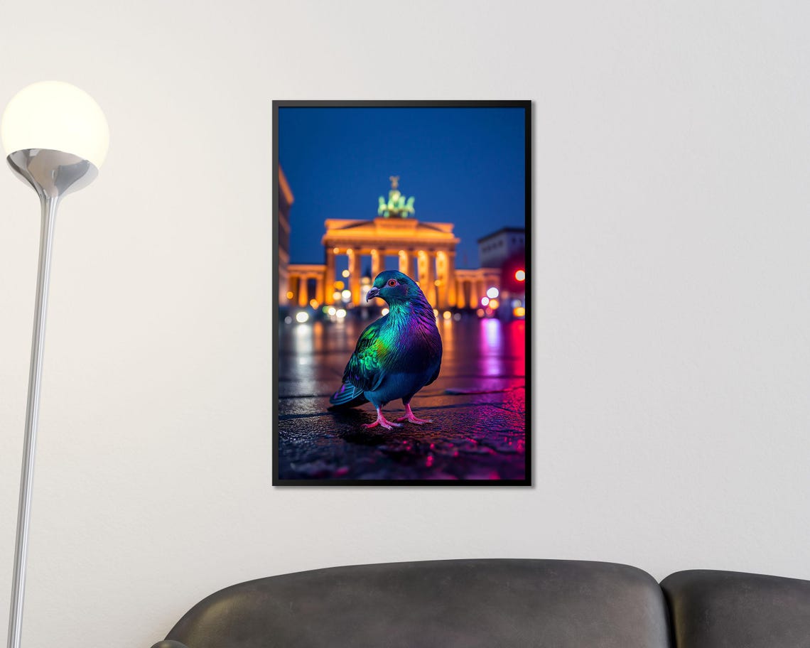 Neon Pigeon Berlin Night Brandenburg Gate City Street Wall Art - Image 3