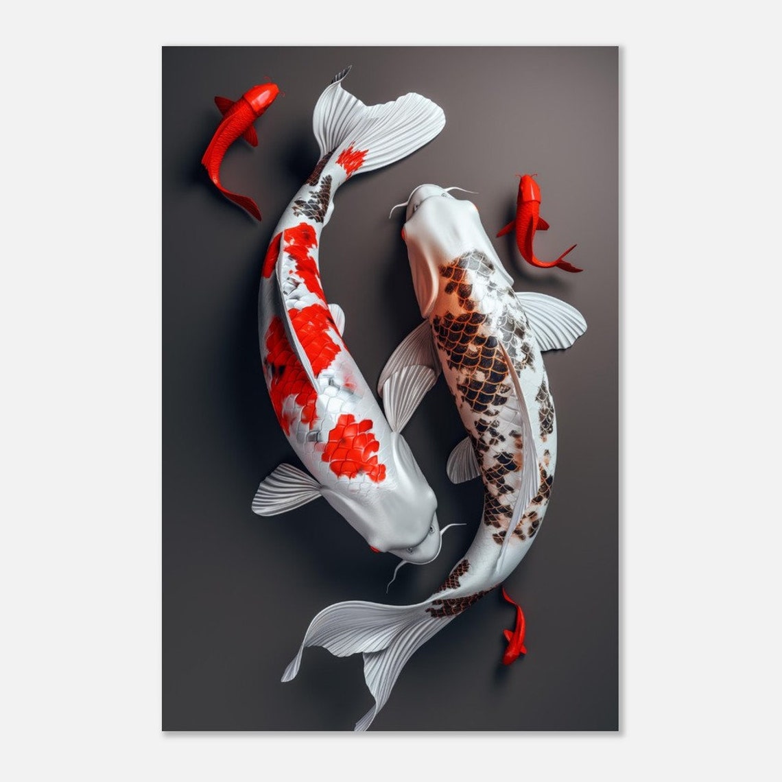 Two Koi Fish Red White Black Dark Gray Zen Aquatic Art Print - Image 2