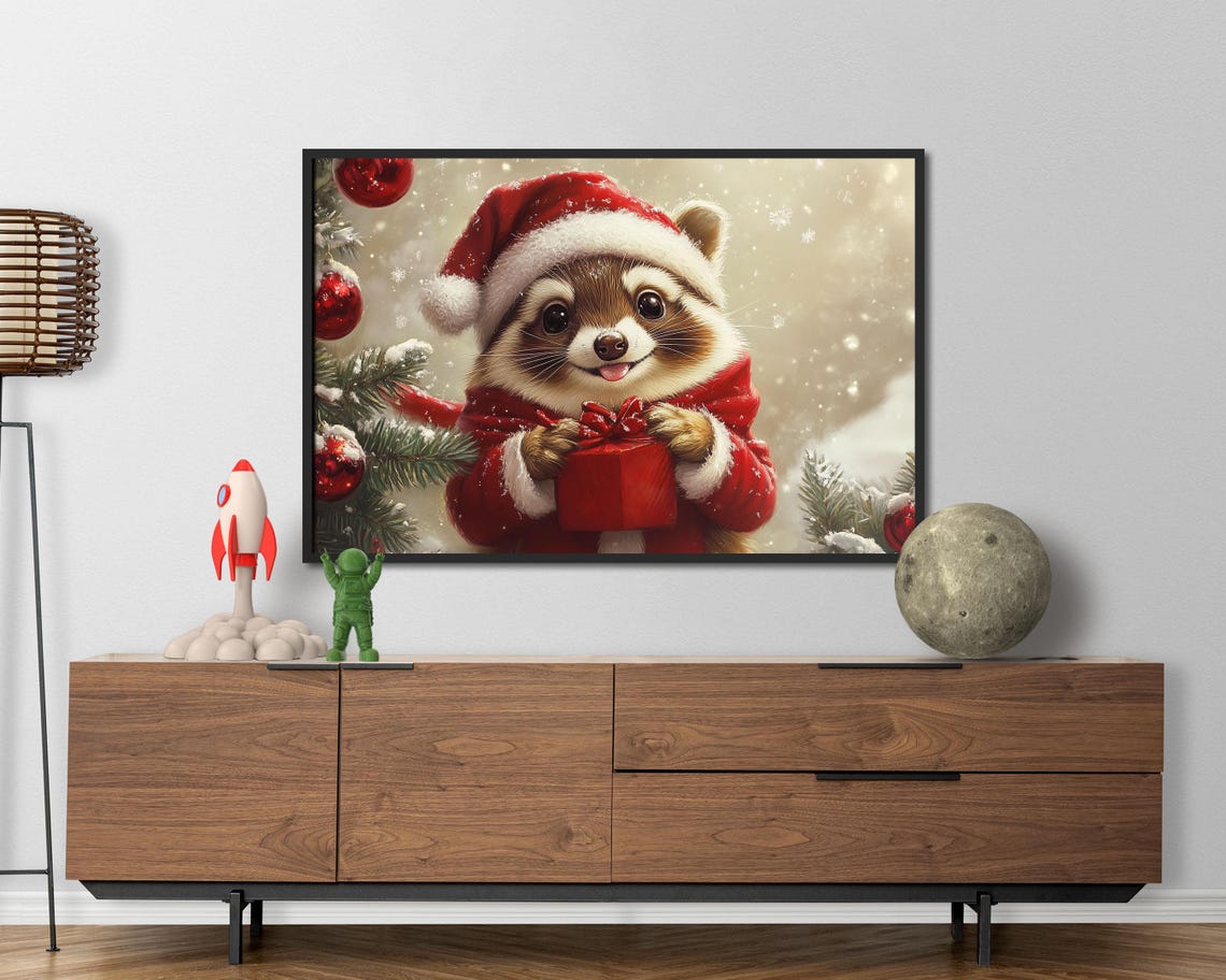Happy Raccoon in Santa Suit Holding Red Gift Snowy Christmas Poster - Image 5