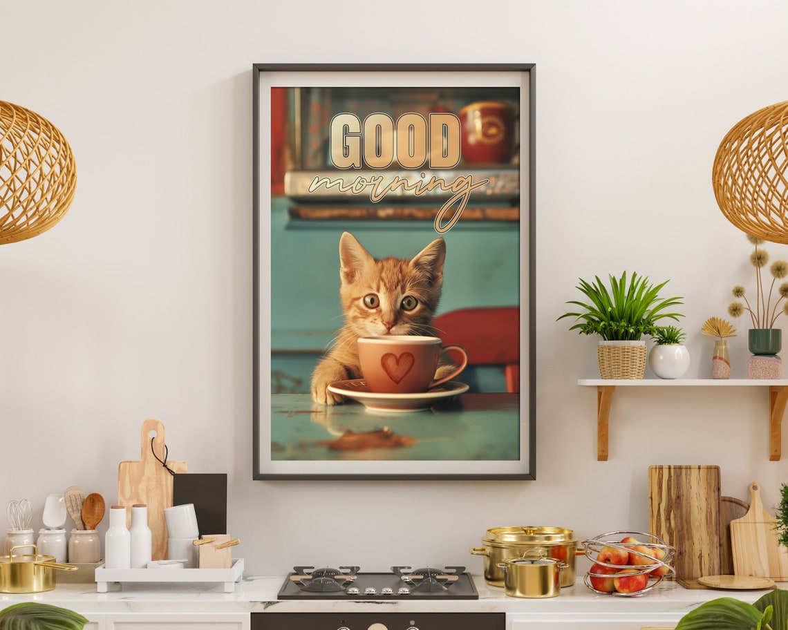 Good Morning Orange Kitten Coffee Cup Cute Kitchen Quote Wall Poster